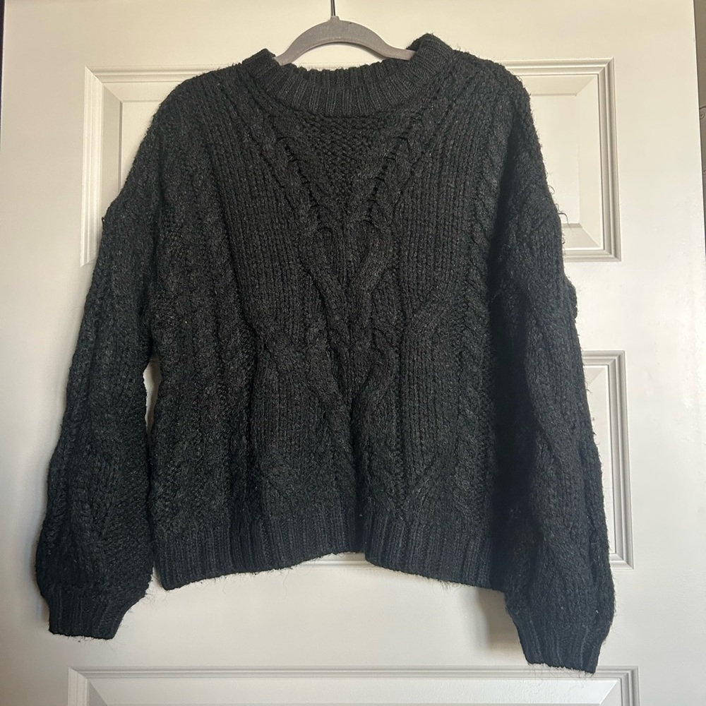 Aerie Black Cable Knit Crew Neck Sweater